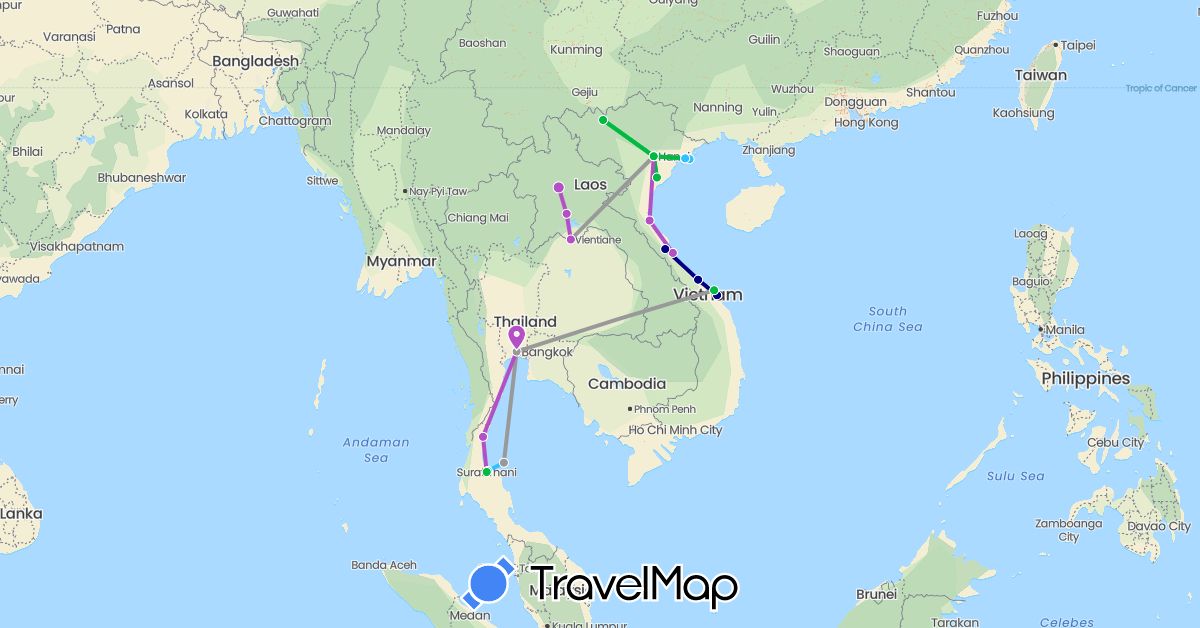 TravelMap itinerary: driving, bus, plane, train, boat in Laos, Thailand, Vietnam (Asia)